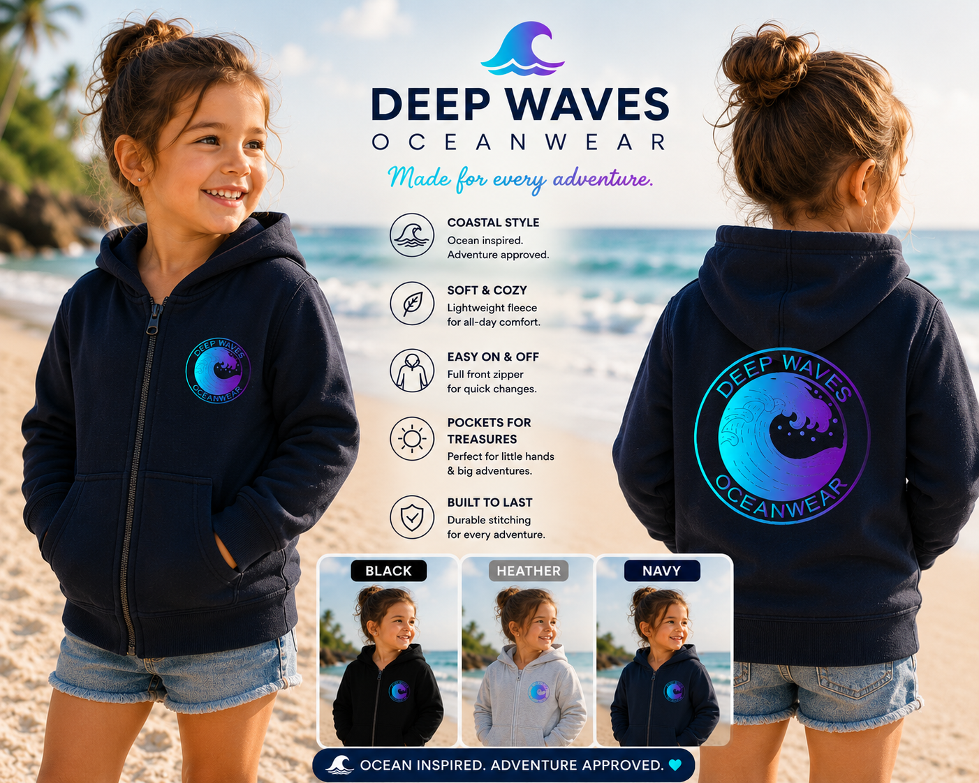Toddler Zip Hoodie - 'Deep Waves Oceanwear' Holographic Wave Graphic