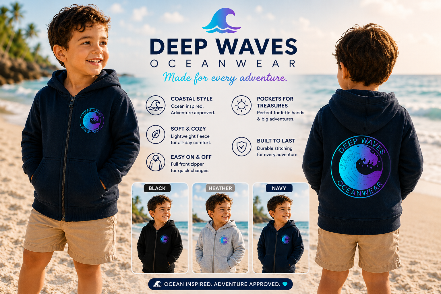 Toddler Zip Hoodie - 'Deep Waves Oceanwear' Holographic Wave Graphic