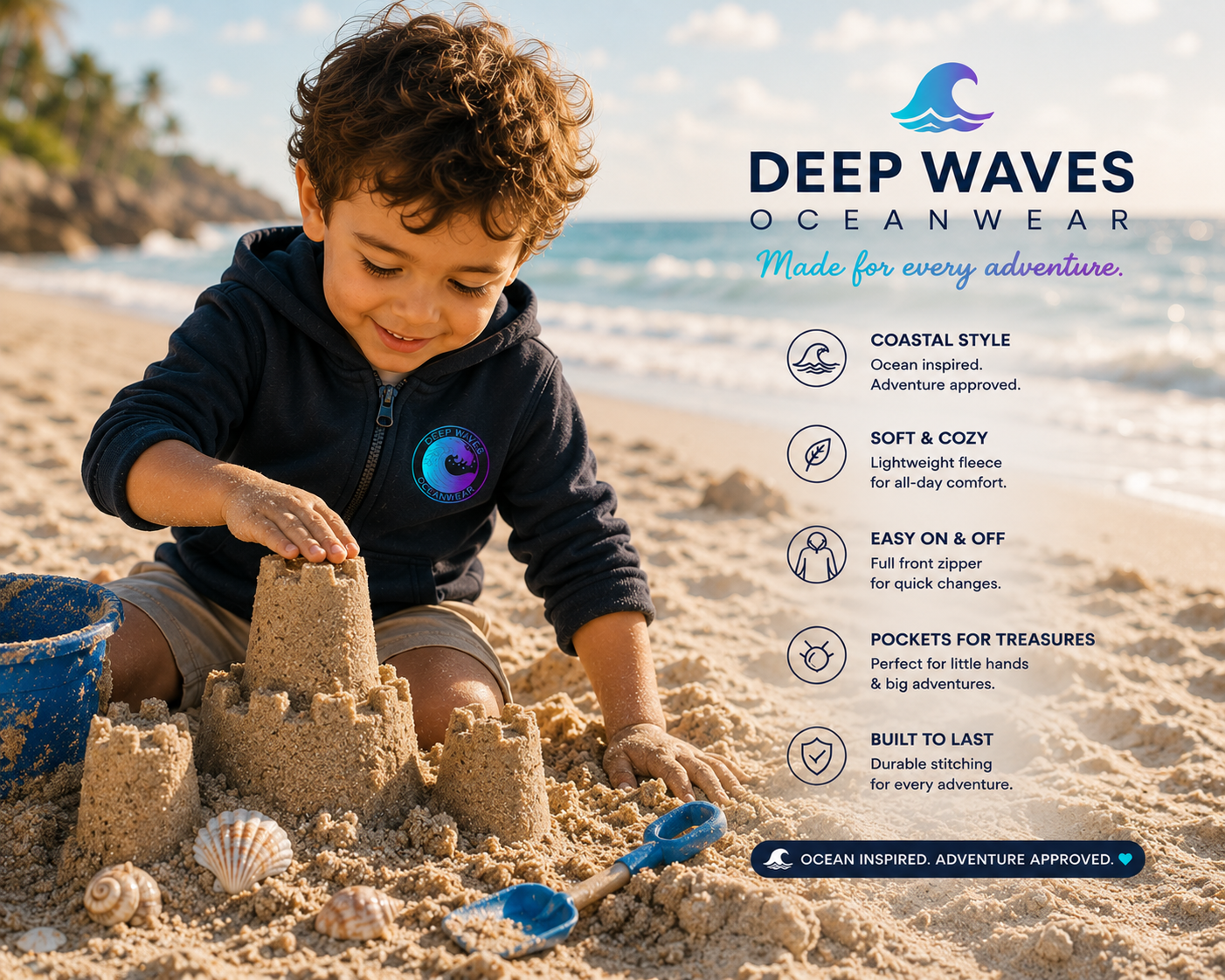 Toddler Zip Hoodie - 'Deep Waves Oceanwear' Holographic Wave Graphic