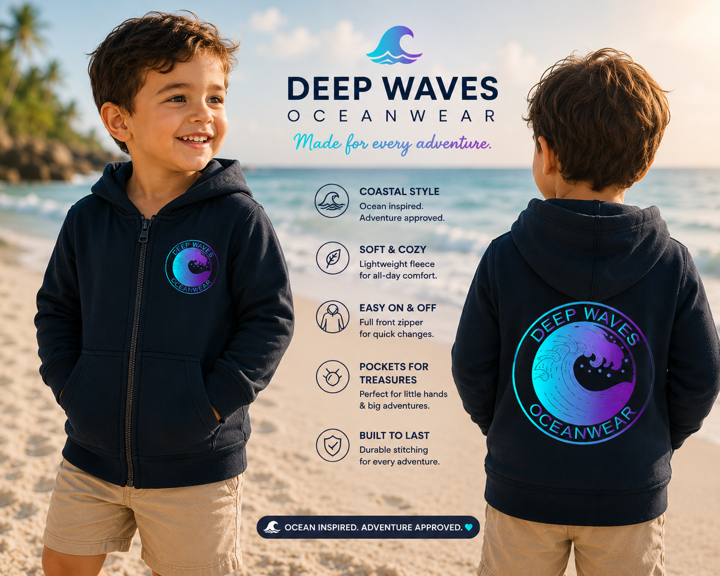 Toddler Zip Hoodie - 'Deep Waves Oceanwear' Holographic Wave Graphic