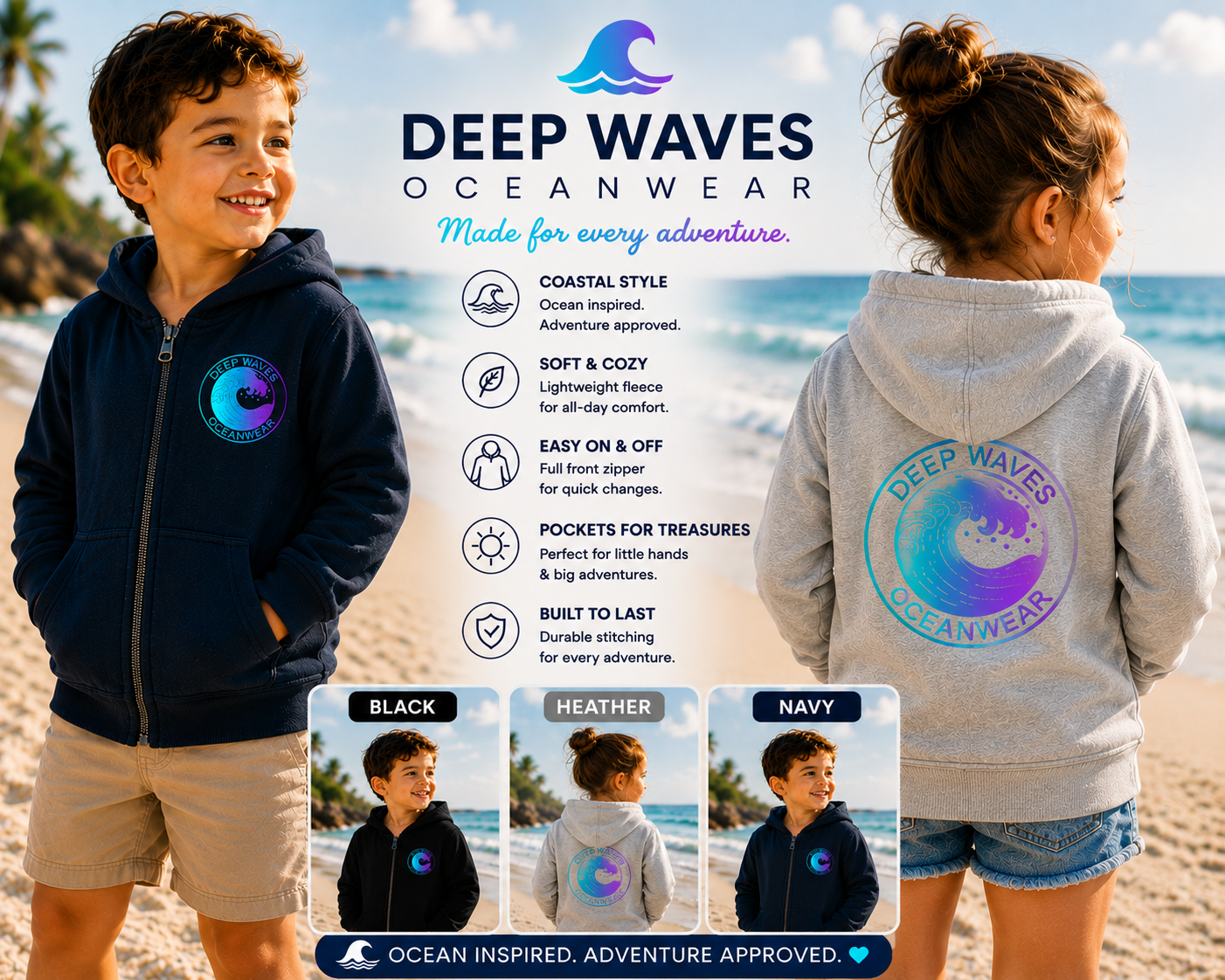 Toddler Zip Hoodie - 'Deep Waves Oceanwear' Holographic Wave Graphic