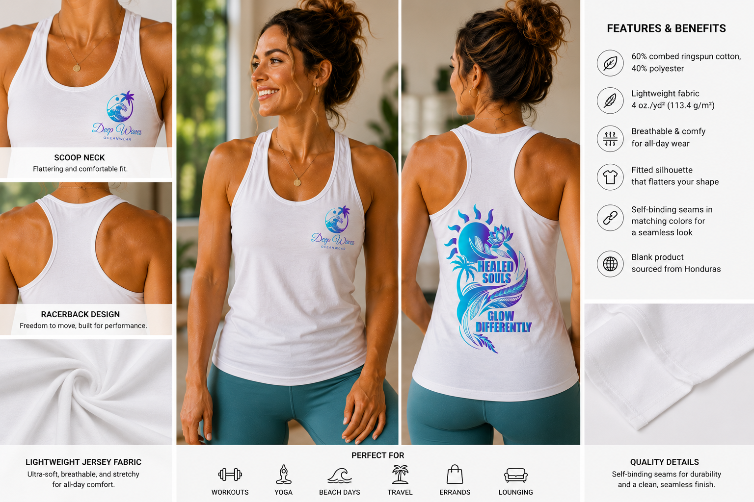 Healed Souls Glow Differently Women’s Fitted Racerback Tank – Deep Waves Oceanwear
