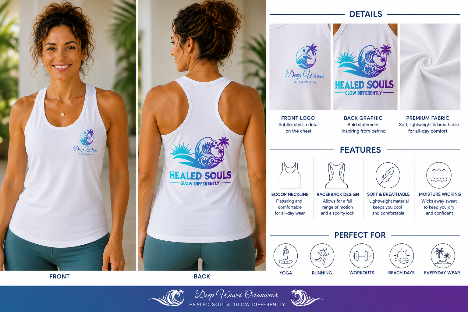 Healed Souls Glow Differently Women’s Fitted Racerback Tank – Deep Waves Oceanwear
