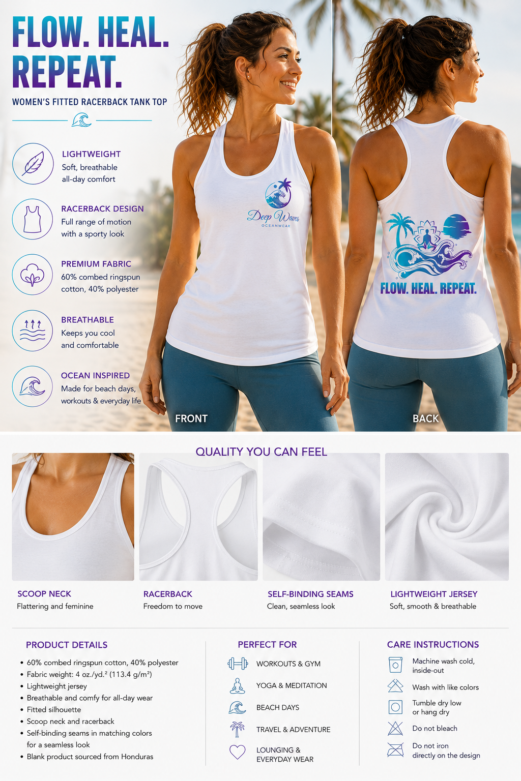 Flow. Heal. Repeat. Racerback Tank — White