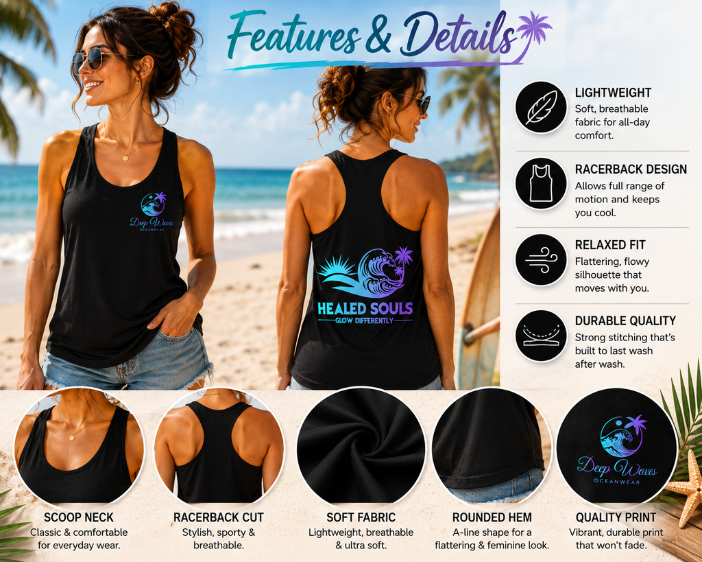 Healed Souls Glow Differently Racerback Tank — Wave Black