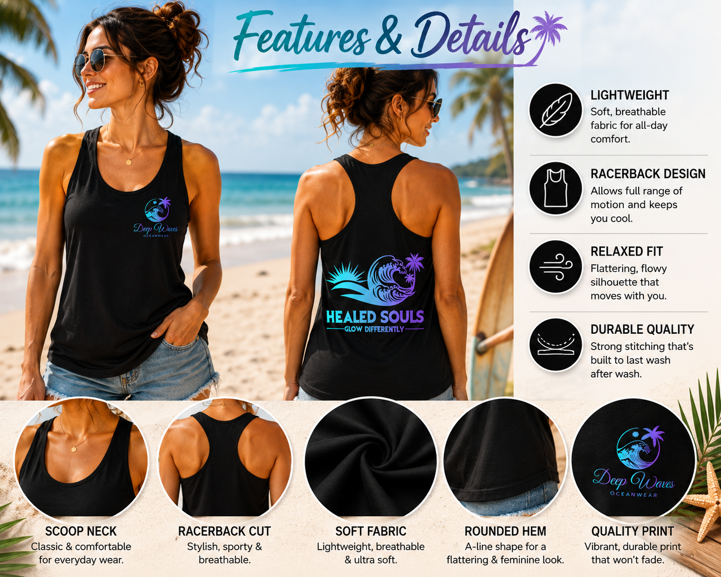 Healed Souls Glow Differently Racerback Tank — Wave Black