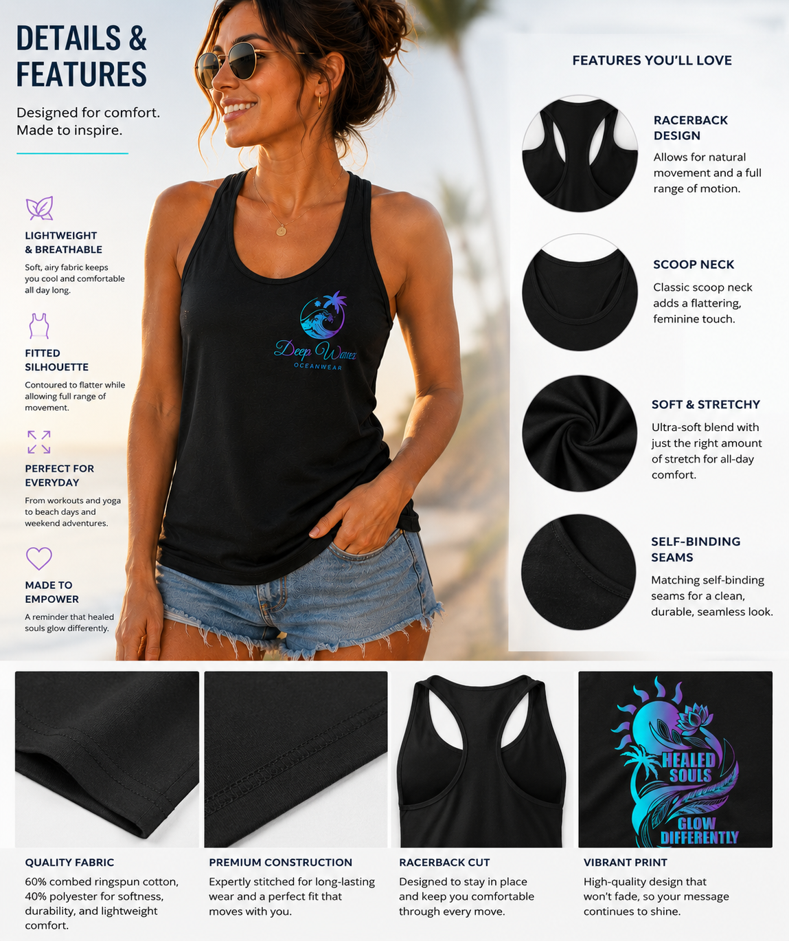 Healed Souls Glow Differently Women’s Fitted Racerback Tank – Deep Waves Oceanwear