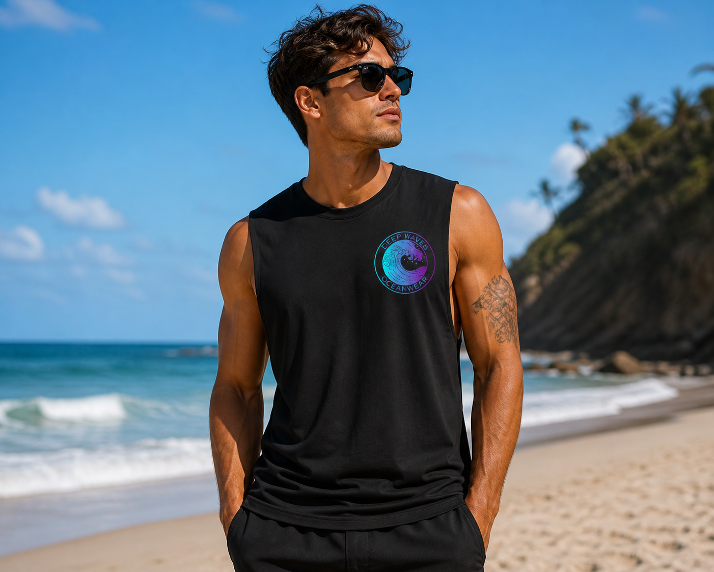 Deep Waves Muscle Tank | Ocean Energy Sleeveless Shirt for Gym, Beach & Streetwear