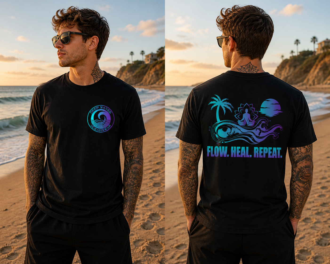 Deep Waves Men’s “Flow. Heal. Repeat.” T-Shirt | Ocean Energy & Mindfulness Graphic Tee