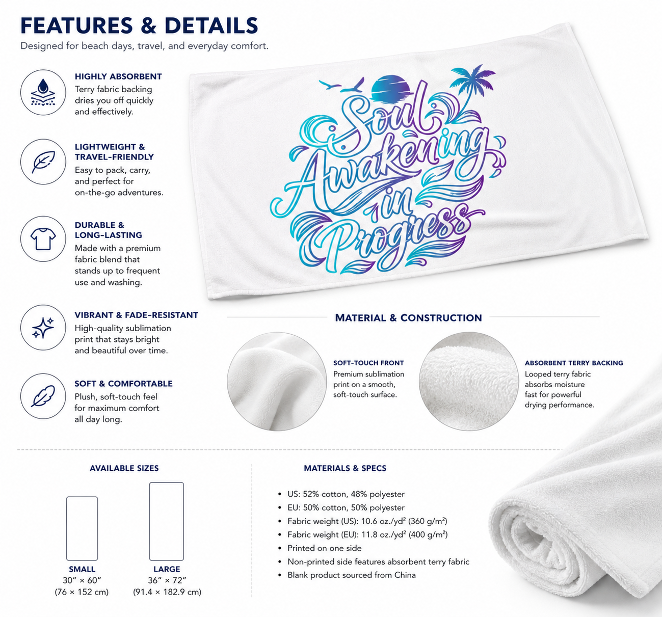 Deep Waves “Soul Awakening In Progress” Beach & Bath Towel | Healing Aesthetic
