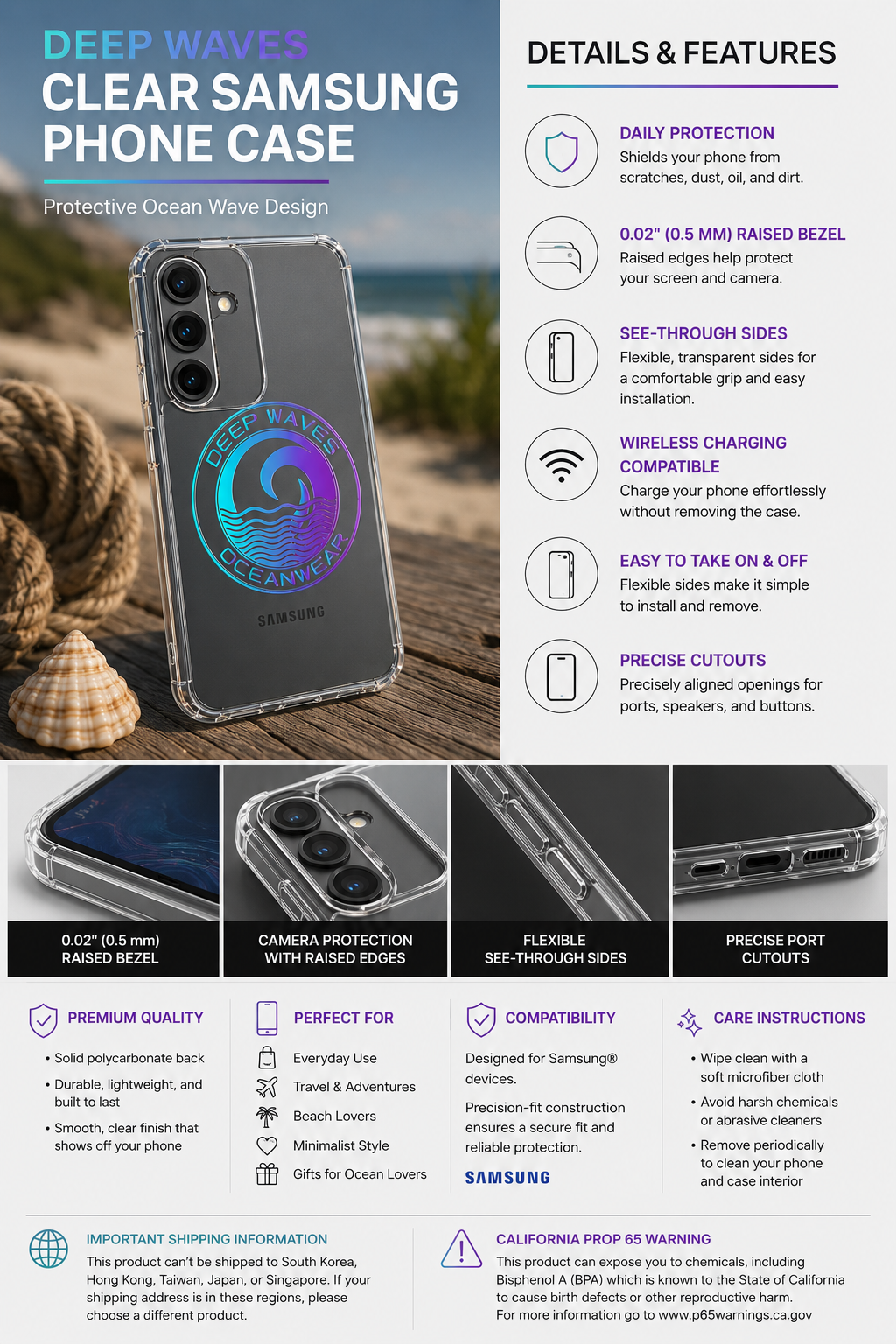 Deep Waves Clear Samsung Phone Case | Protective Ocean Wave Design