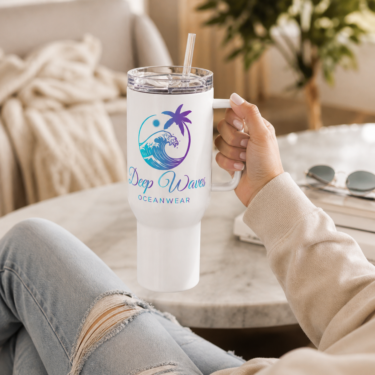 Deep Waves Travel Mug with Handle | Insulated Stainless Steel Tumbler for Coffee, Hydration & On-the-Go Lifestyle