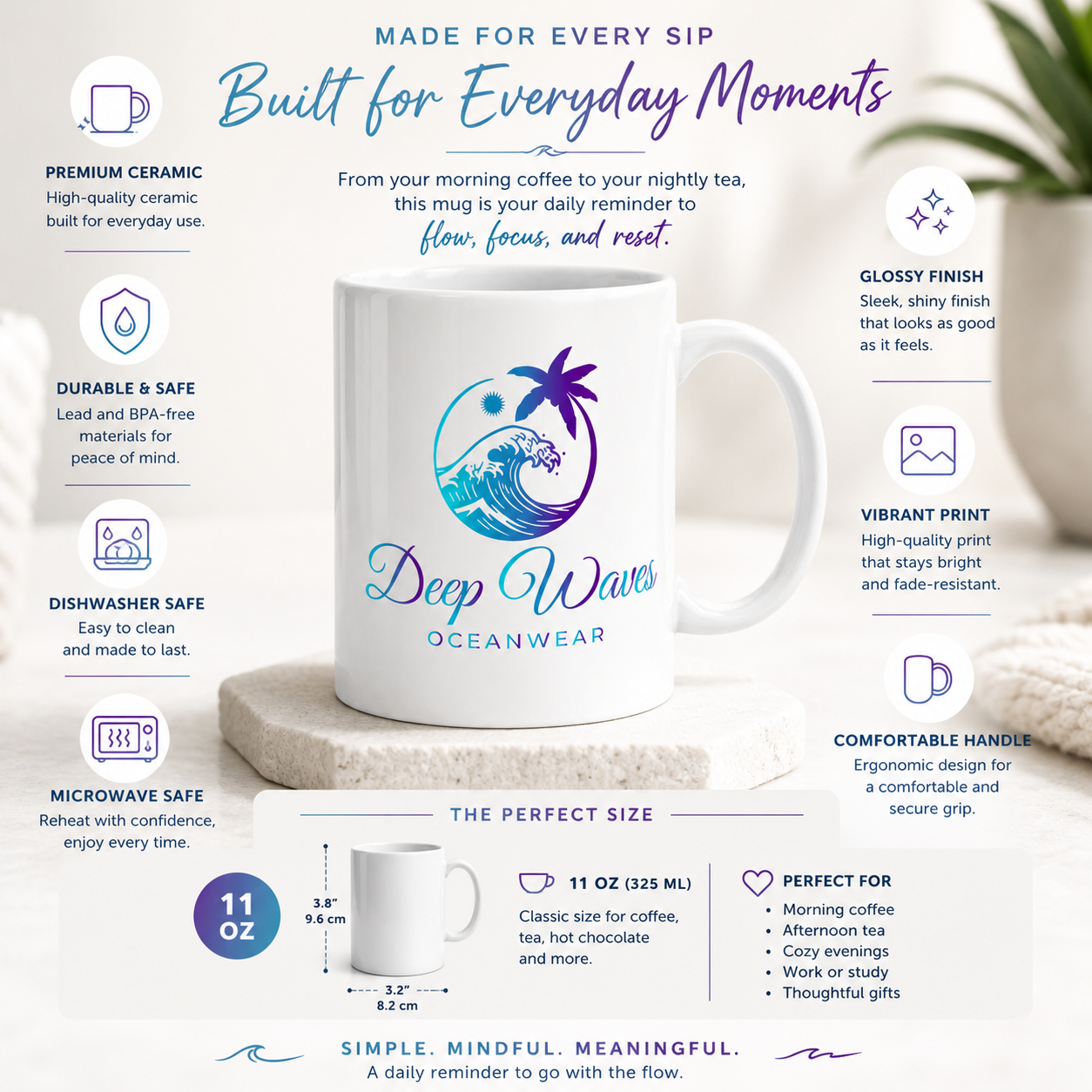 Deep Waves Glossy White Mug | Premium Ceramic Coffee Cup for Daily Rituals, Mindfulness & Cozy Moments
