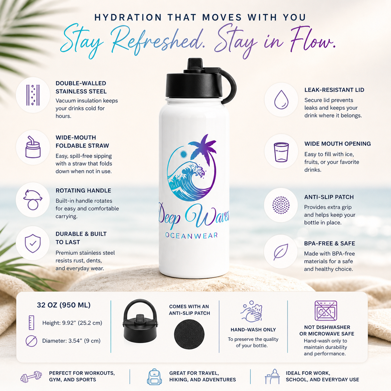 Deep Waves Stainless Steel Water Bottle (32 oz) | Insulated Straw Lid Bottle for Hydration, Fitness & Everyday Flow