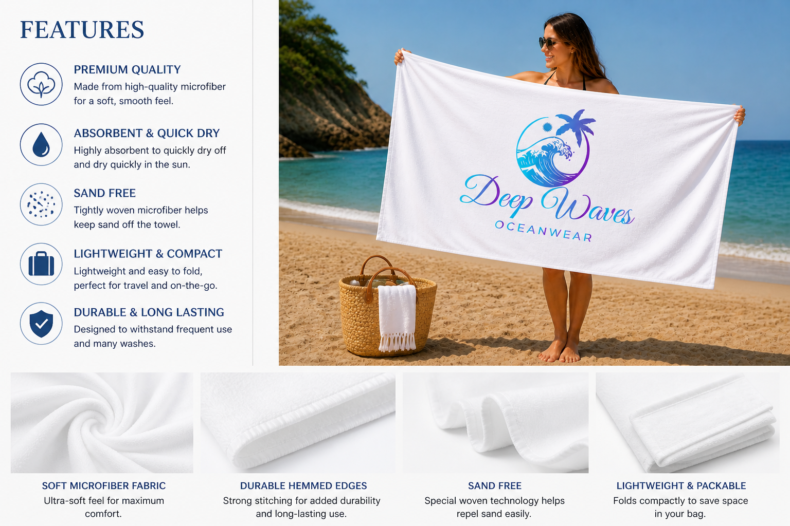 Deep Waves Luxury Beach & Bath Towel | Ultra-Soft Ocean-Inspired Towel for Relaxation, Travel & Everyday Comfort