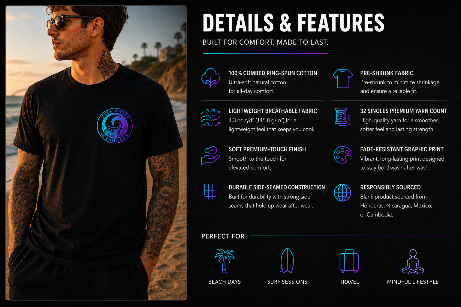 Deep Waves Men’s “Flow. Heal. Repeat.” T-Shirt | Ocean Energy & Mindfulness Graphic Tee