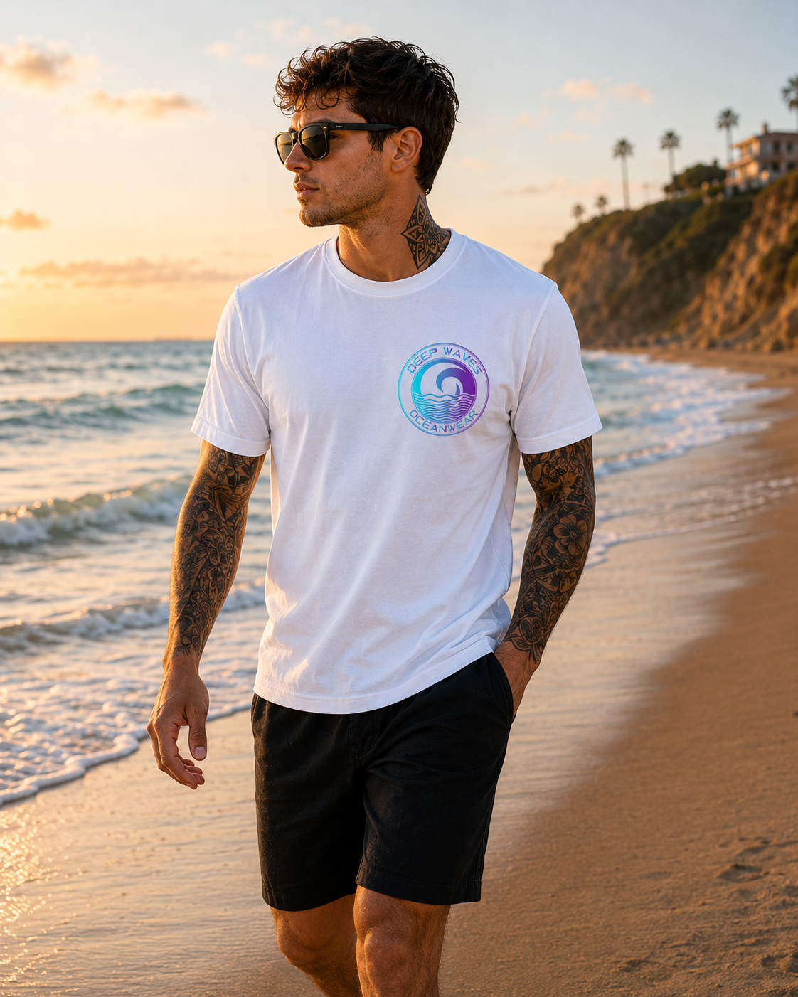 Deep Waves Men’s “Flow. Heal. Repeat.” T-Shirt | Ocean Energy & Mindfulness Graphic Tee