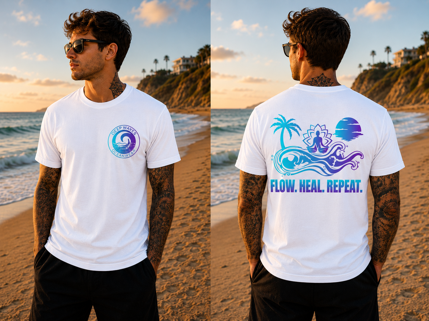 Deep Waves Men’s “Flow. Heal. Repeat.” T-Shirt | Ocean Energy & Mindfulness Graphic Tee