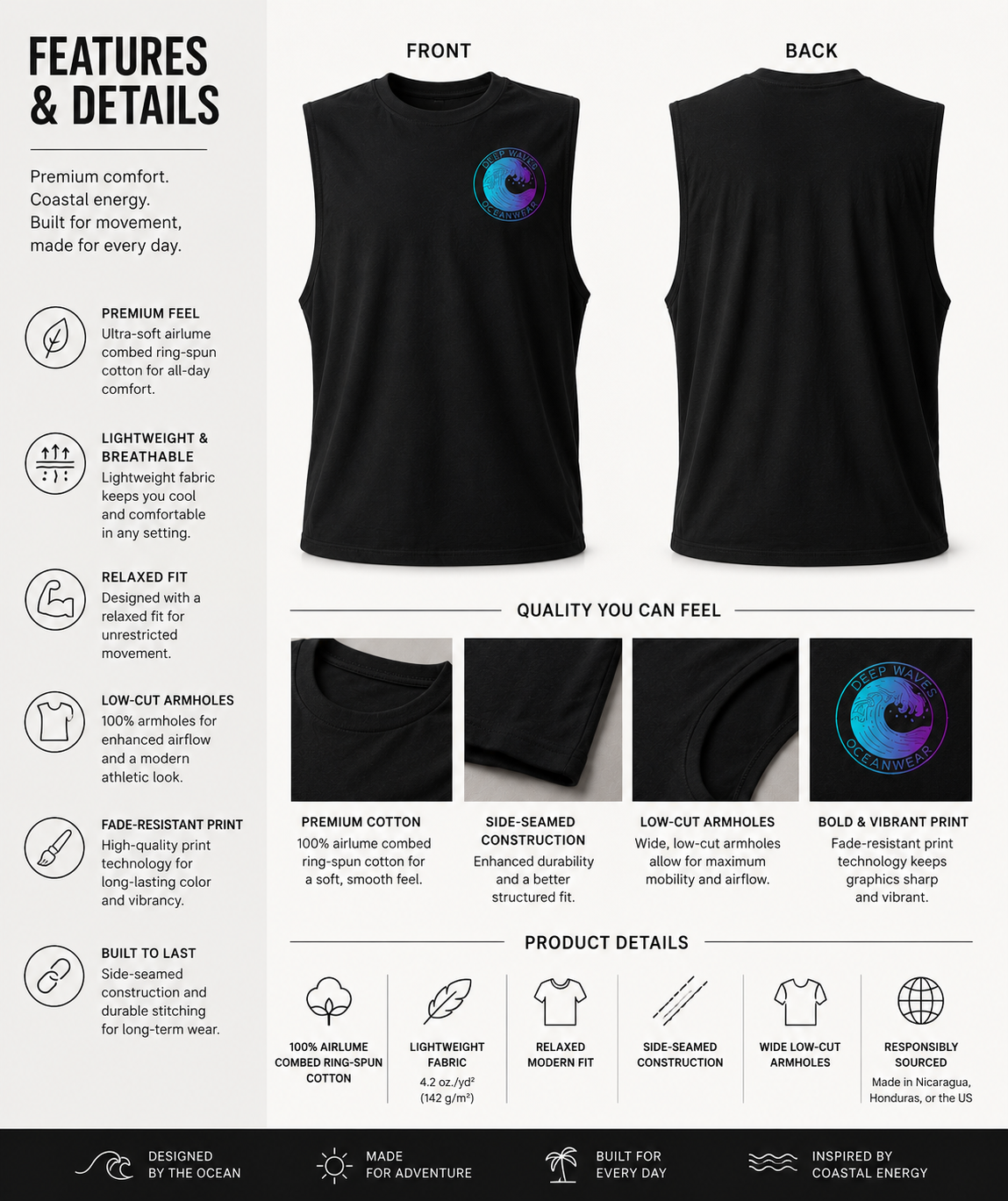 Deep Waves Muscle Tank | Ocean Energy Sleeveless Shirt for Gym, Beach & Streetwear
