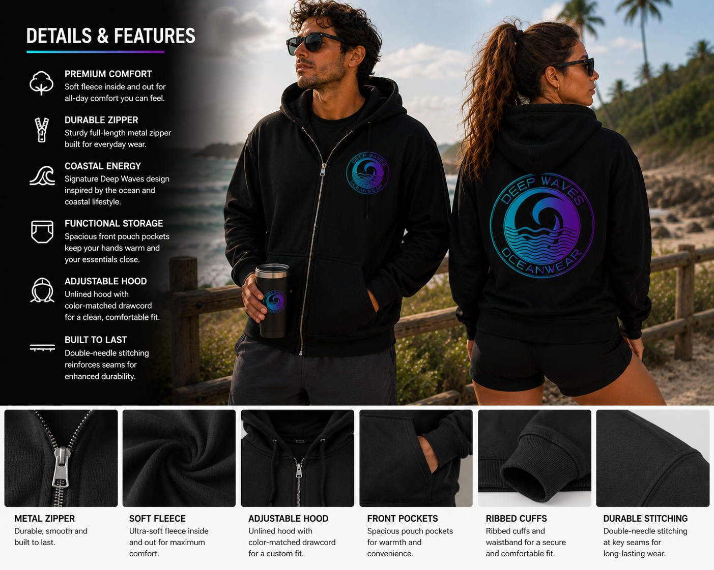 Deep Waves Unisex Zip Hoodie | Ocean Energy Streetwear, Premium Comfort & Coastal Vibes