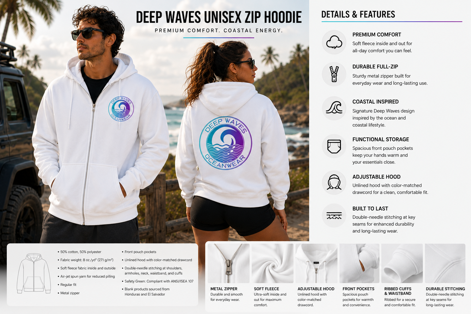 Deep Waves Unisex Zip Hoodie | Ocean Energy Streetwear, Premium Comfort & Coastal Vibes