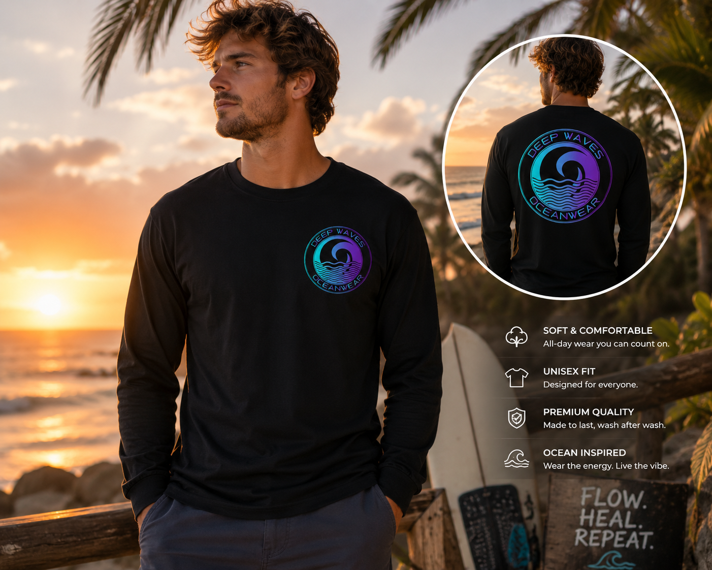 Deep Waves Long Sleeve Shirt (Unisex)  | Ocean Energy & Coastal Vibes