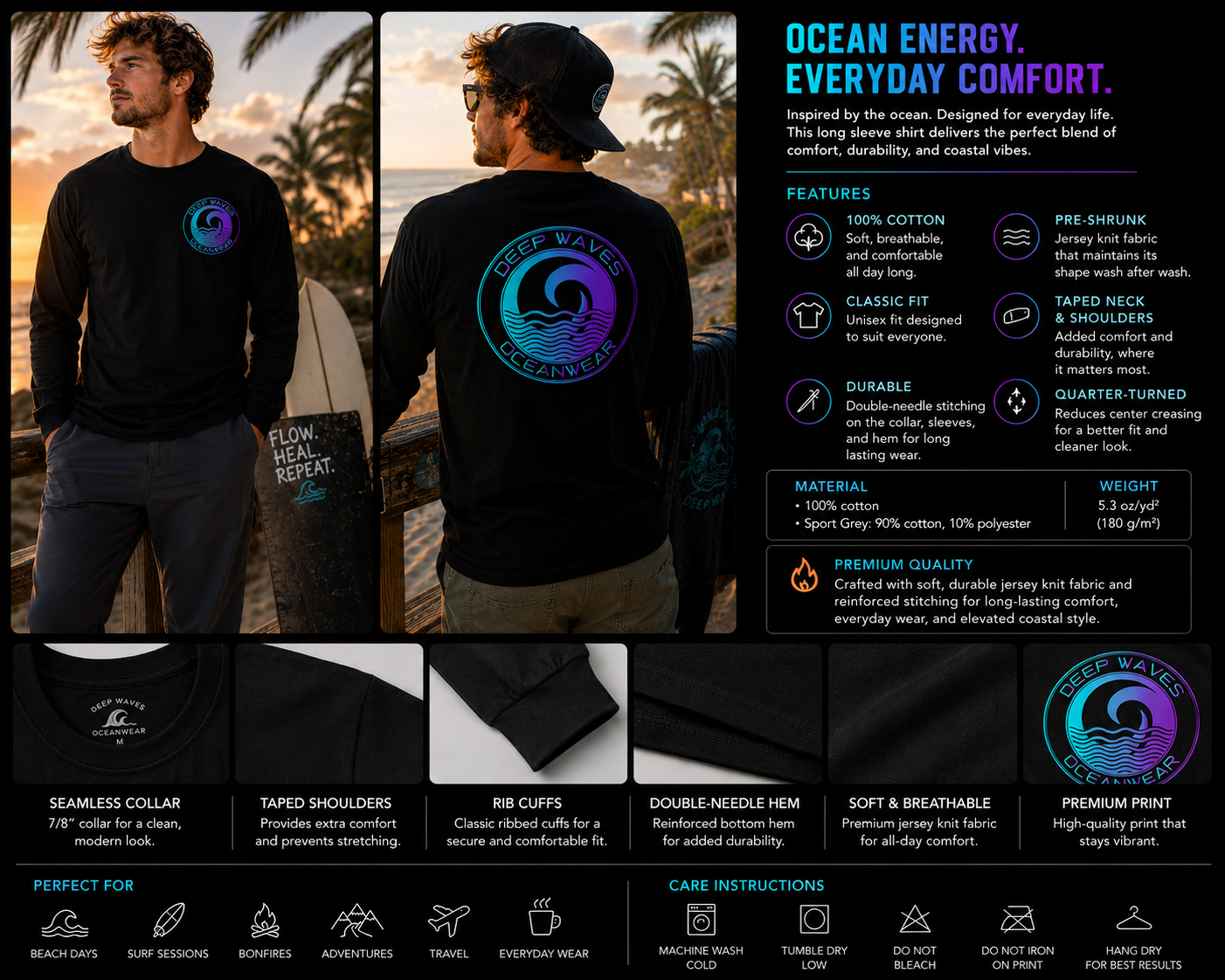 Deep Waves Long Sleeve Shirt (Unisex)  | Ocean Energy & Coastal Vibes