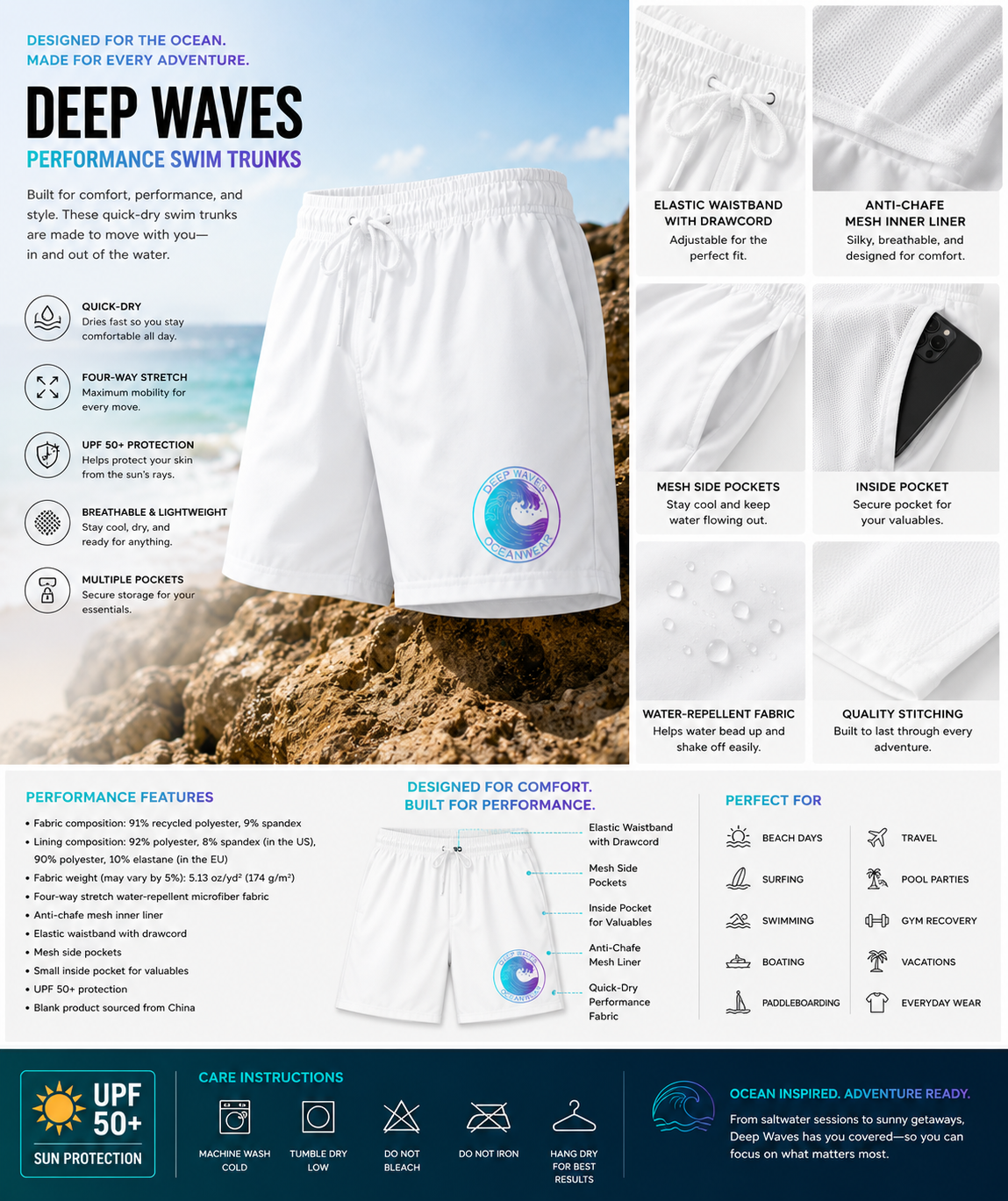 Deep Waves Performance Swim Trunks | Stretch, Quick-Dry, UPF 50+ Beach Shorts