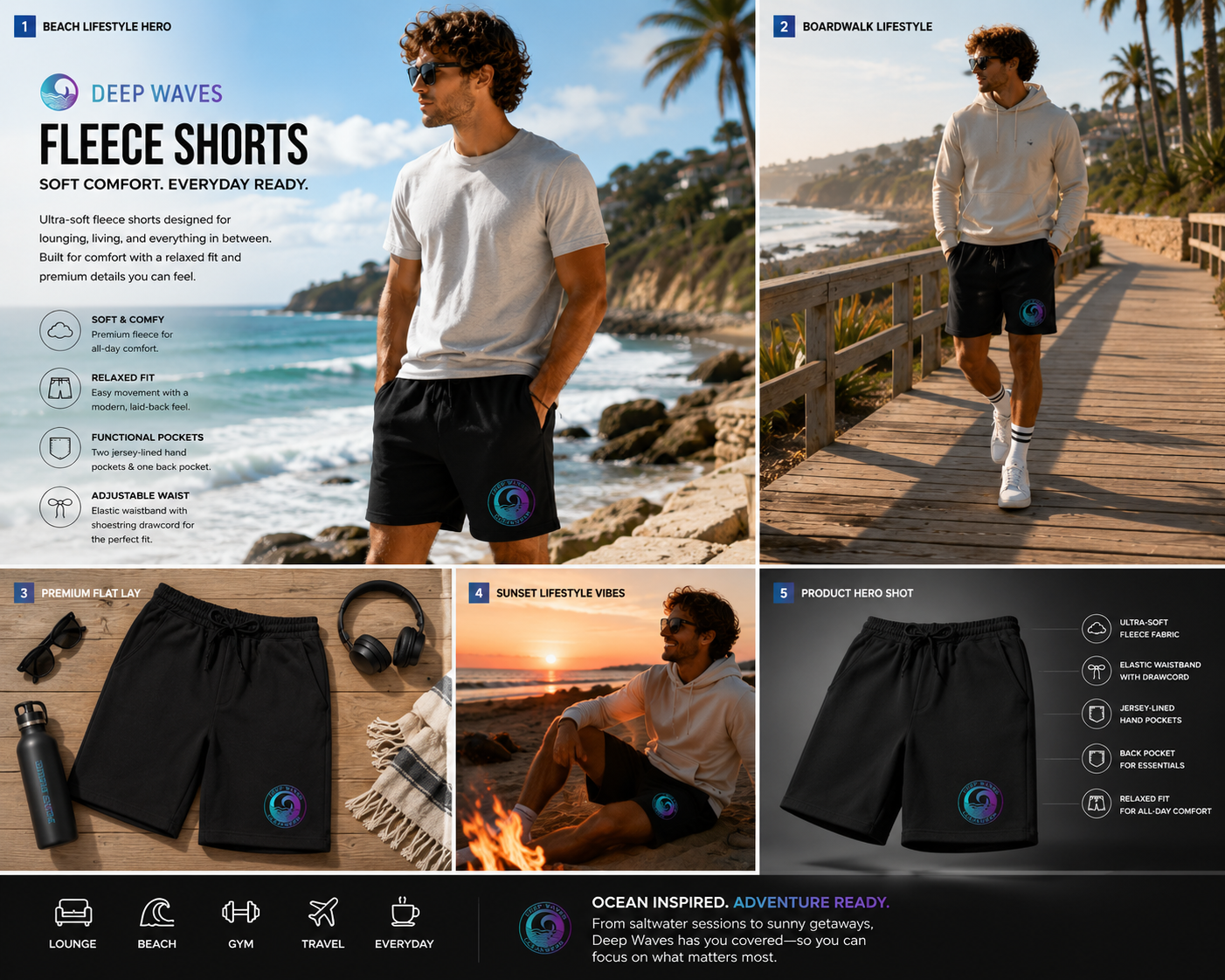 Deep Waves Men’s Fleece Shorts | Soft Comfort Lounge & Casual Drawstring Shorts