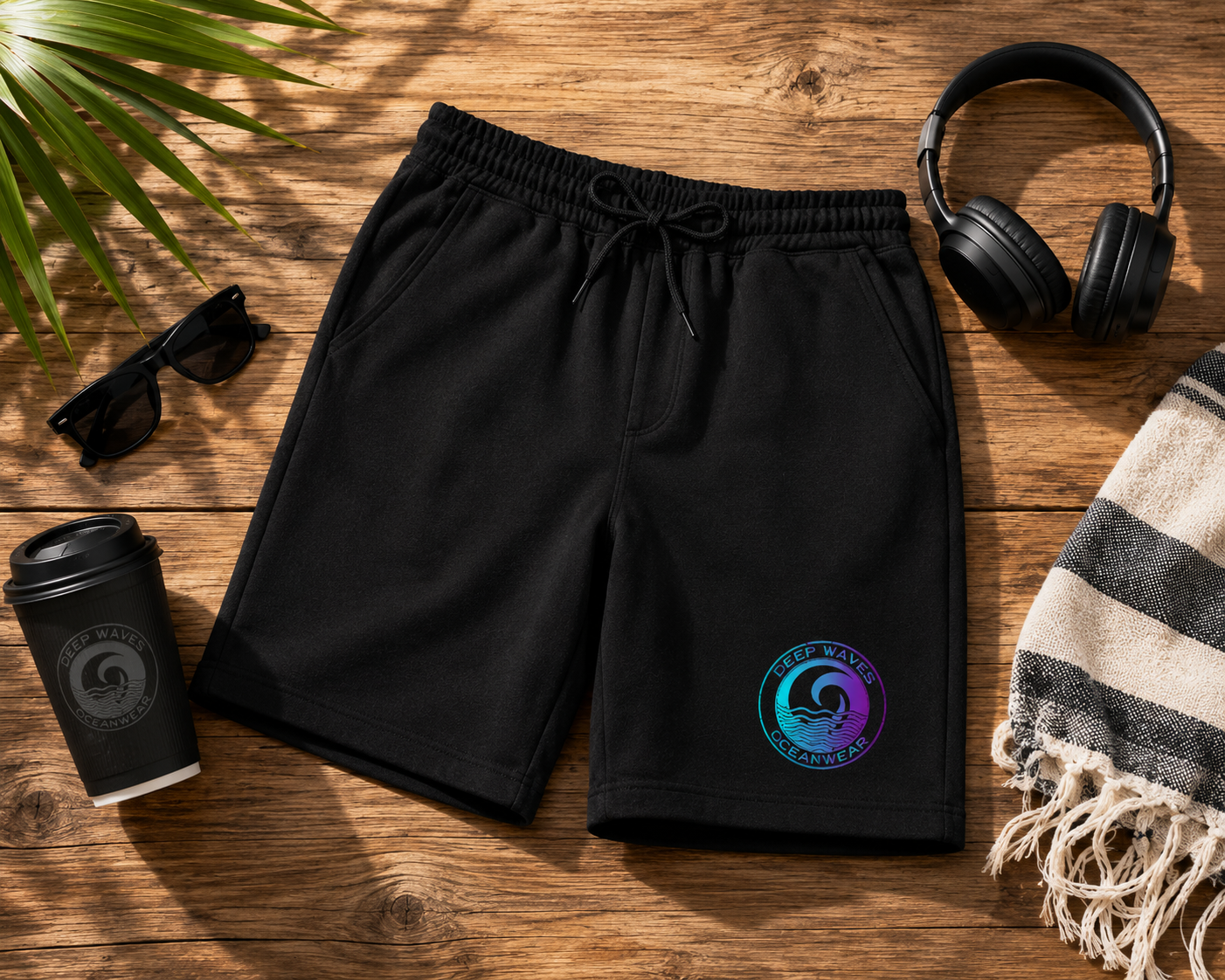 Deep Waves Men’s Fleece Shorts | Soft Comfort Lounge & Casual Drawstring Shorts