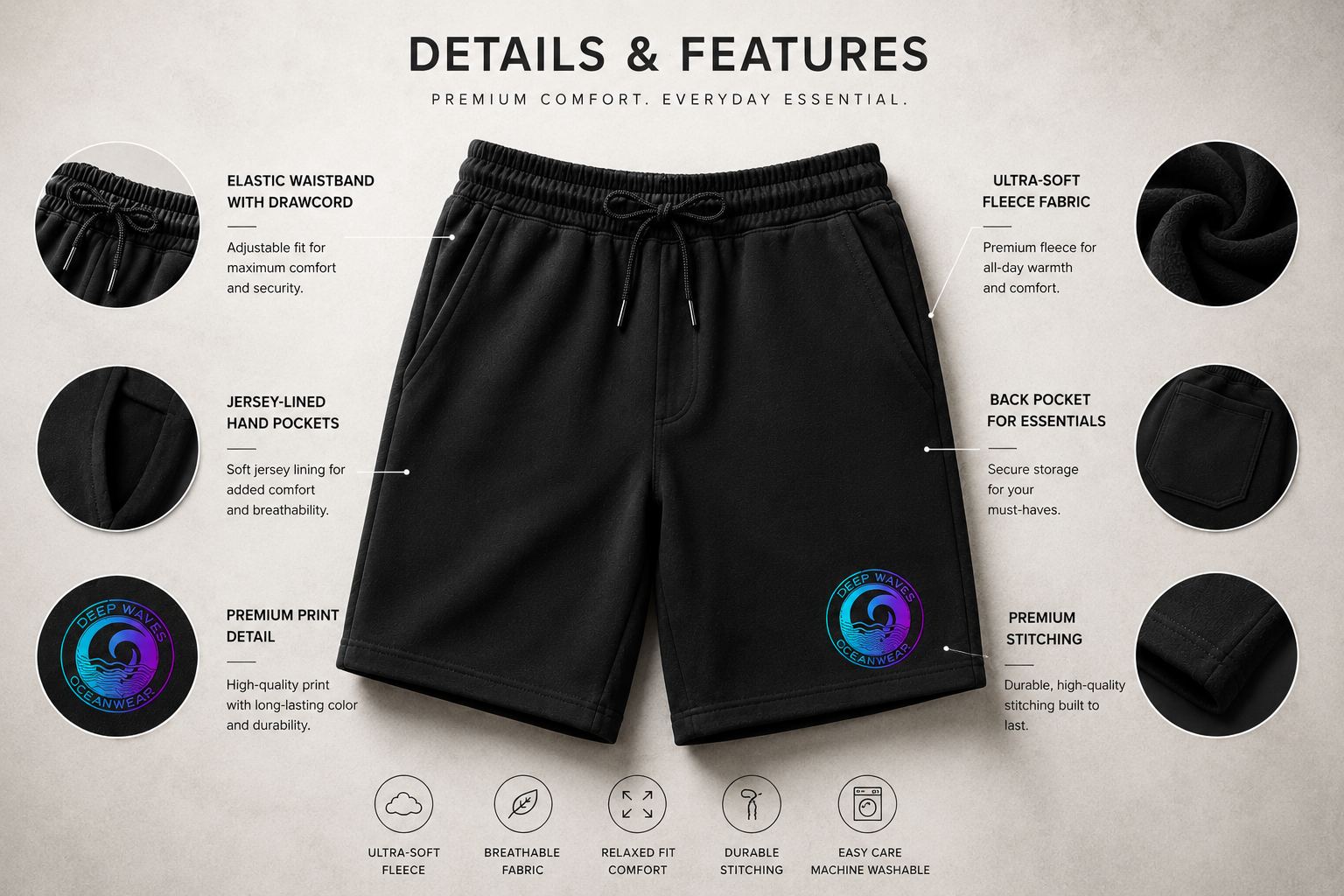 Deep Waves Men's Fleece Shorts