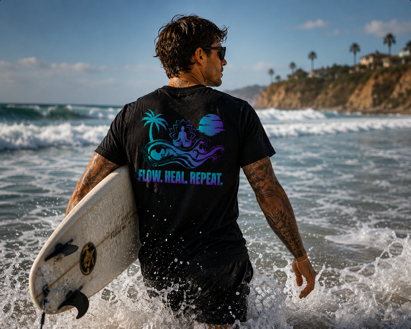 Deep Waves Men’s “Flow. Heal. Repeat.” T-Shirt | Ocean Energy & Mindfulness Graphic Tee