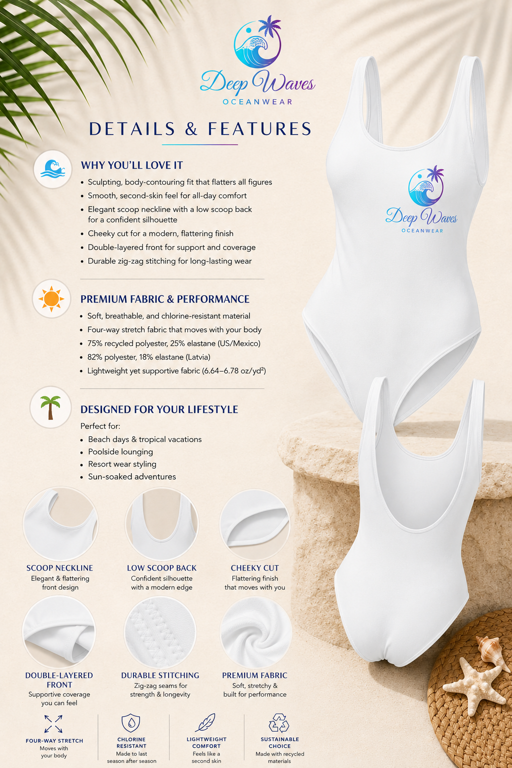 Deep Waves Luxury One-Piece Swimsuit | Sculpting Fit, Ocean-Inspired Coastal Swimwear