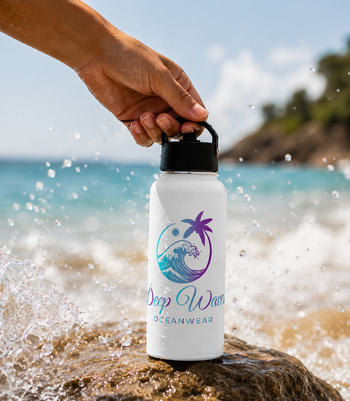 Deep Waves Stainless Steel Water Bottle (32 oz) | Insulated Straw Lid Bottle for Hydration, Fitness & Everyday Flow