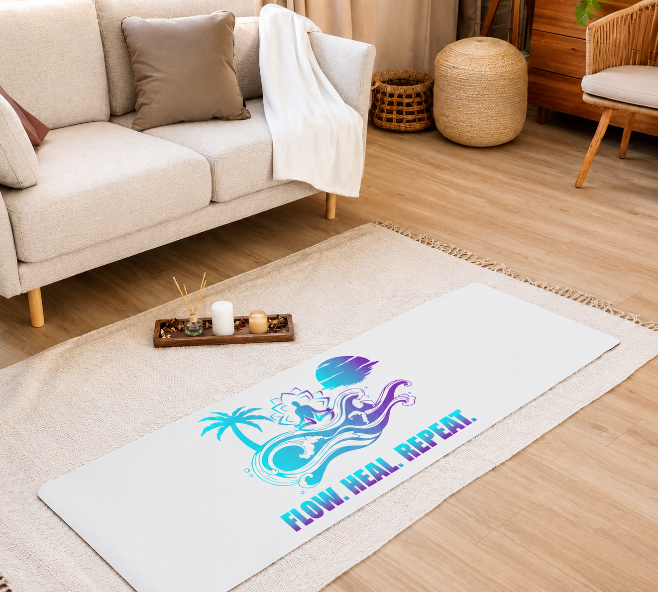 Deep Waves Flow Heal Repeat Yoga Mat | Coastal Wellness Mat for Yoga, Stretching & Meditation