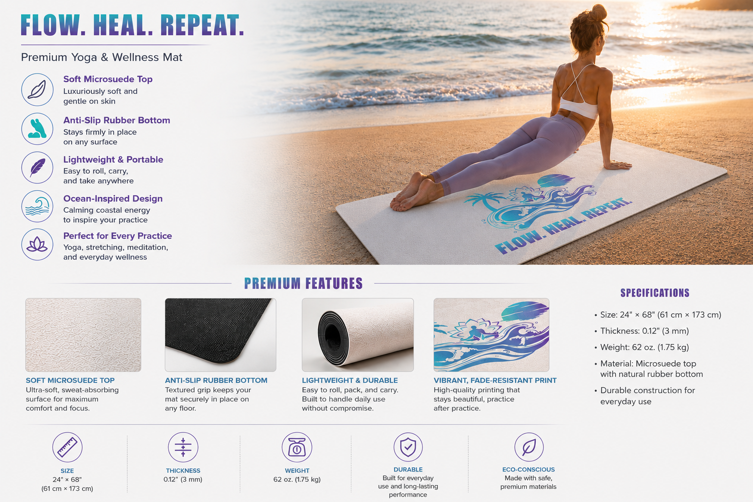 Deep Waves Flow Heal Repeat Yoga Mat | Coastal Wellness Mat for Yoga, Stretching & Meditation