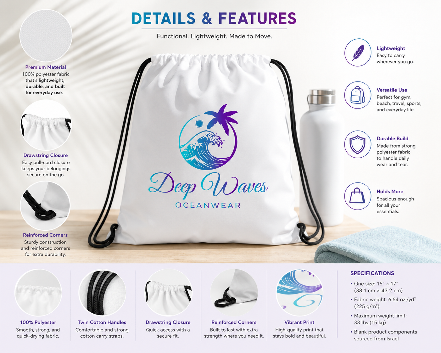 Deep Waves Oceanwear Drawstring Bag – Lightweight Beach, Gym & Everyday Backpack