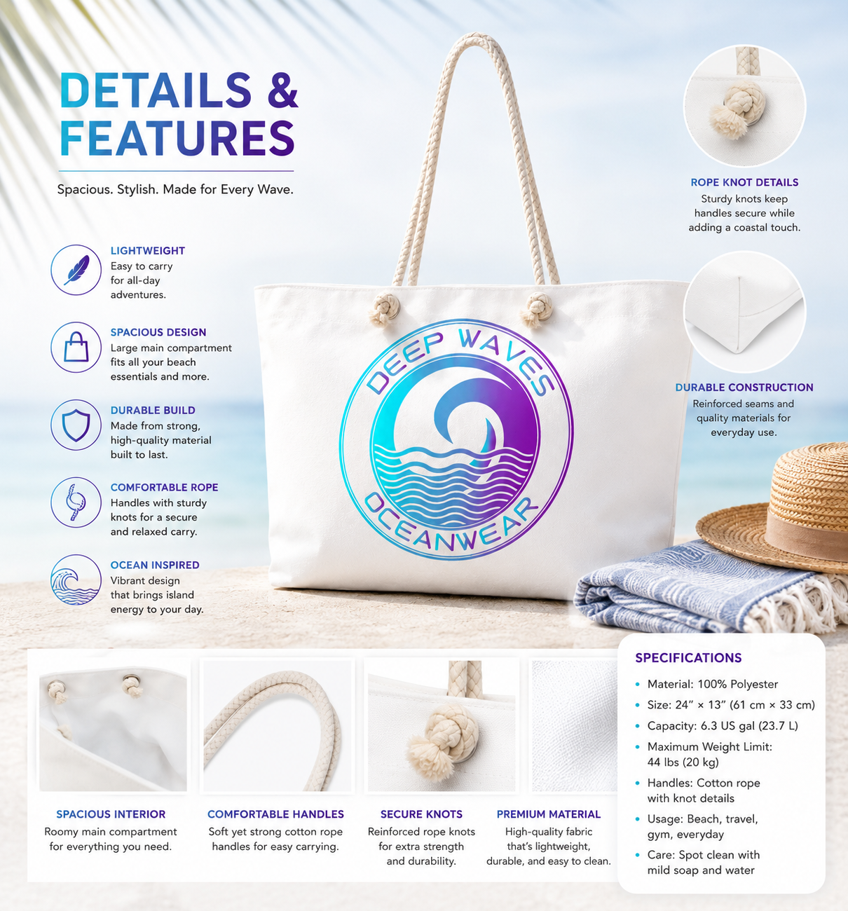 Deep Waves Oceanwear Oversized Weekender Tote Bag – Luxury Beach, Travel & Everyday Carryall