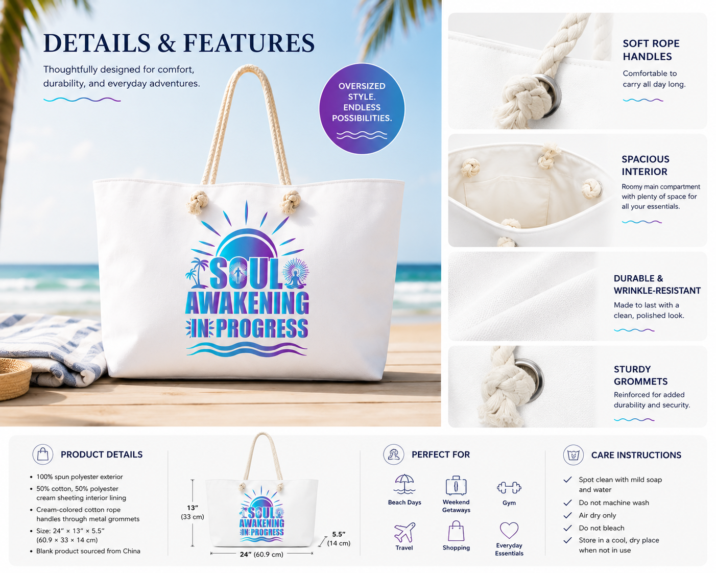 Soul Awakening In Progress Oversized Weekender Tote – Luxury Coastal Travel & Beach Bag