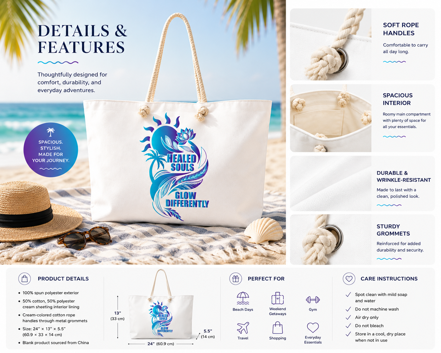 Healed Souls Glow Differently Oversized Weekender Tote – Spiritual Beach & Travel Bag