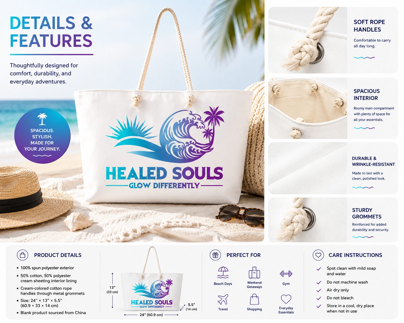 Healed Souls Glow Differently Oversized Weekender Tote – Spiritual Beach & Travel Bag