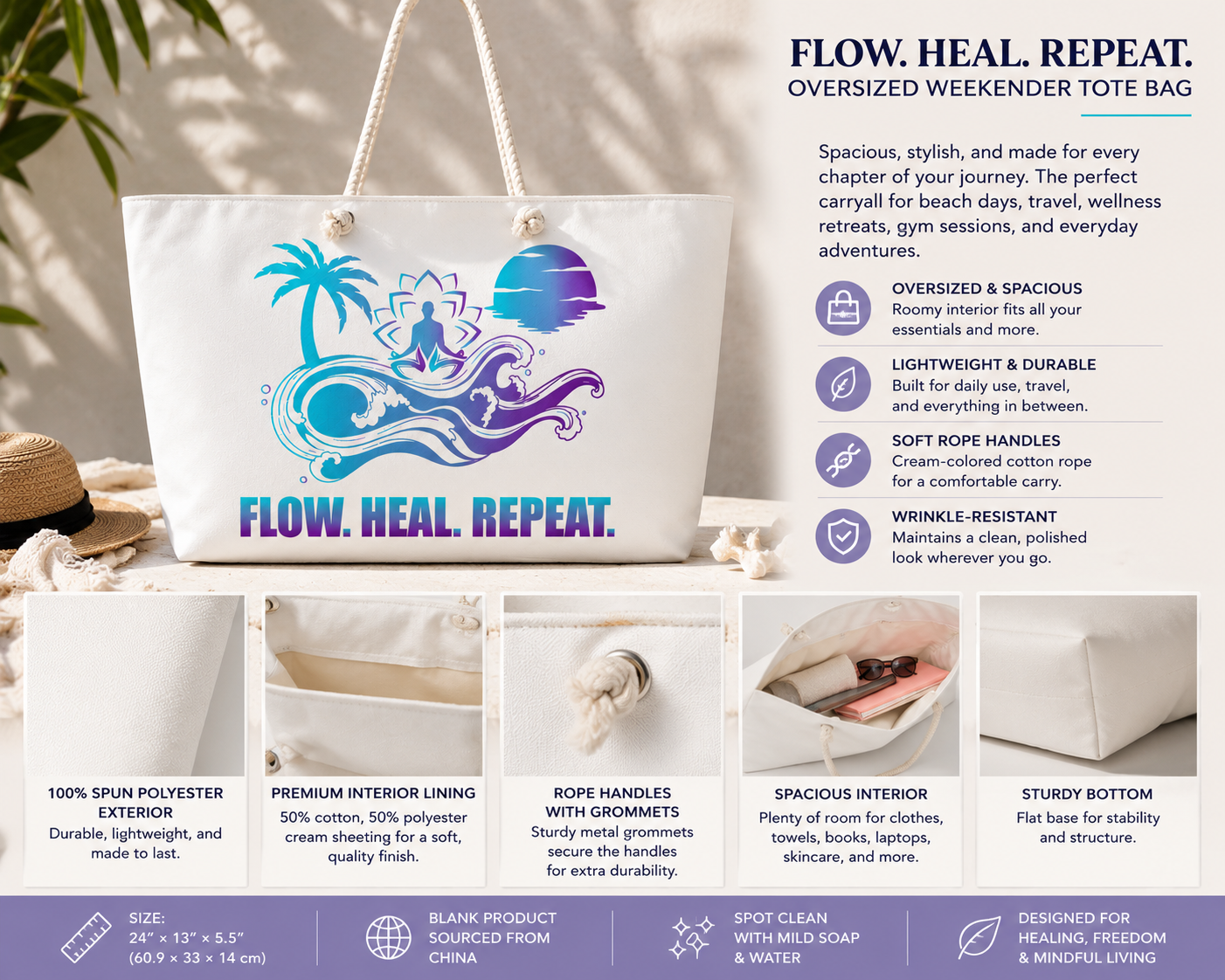 Flow. Heal. Repeat. Oversized Weekender Tote Bag