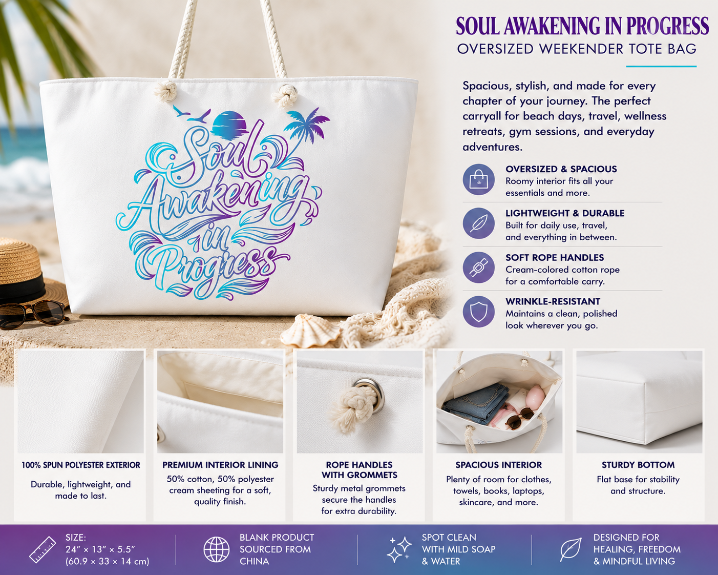 Soul Awakening in Progress Oversized Weekender Tote Bag – Coastal Travel & Beach Carryall